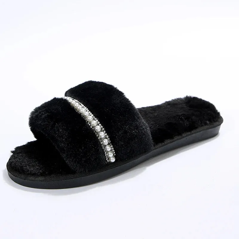 Women's Fur Slippers with Pearls and Rhinestones