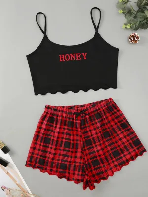 Women's Letter HONEY Printed Camisole   Plaid Printed Shorts Homewear Set