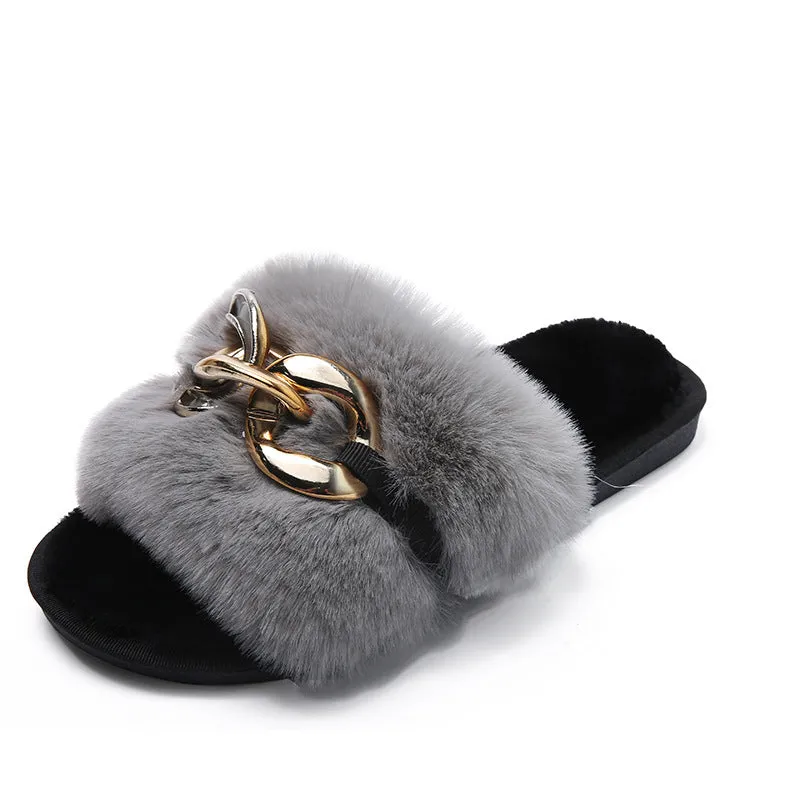 Women's Open Toe Plush Slippers with Gold Links