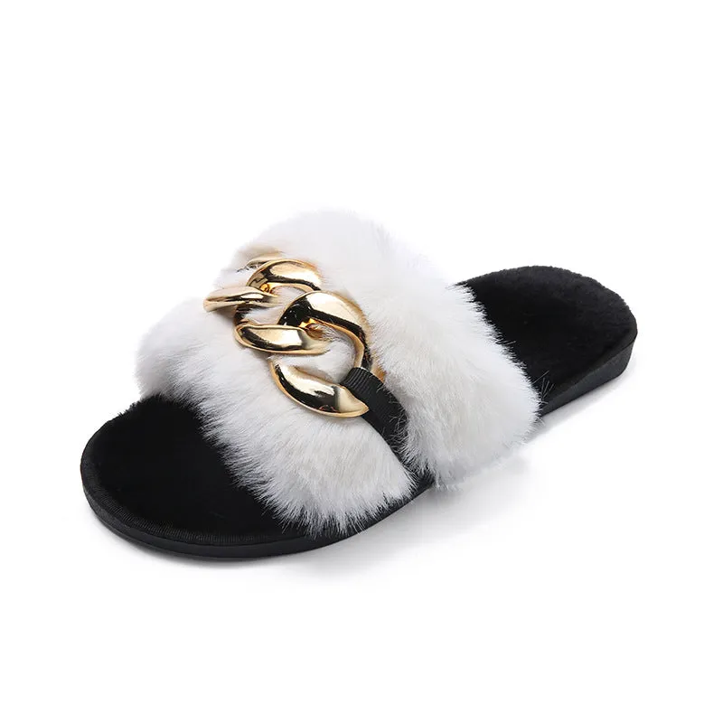 Women's Open Toe Plush Slippers with Gold Links