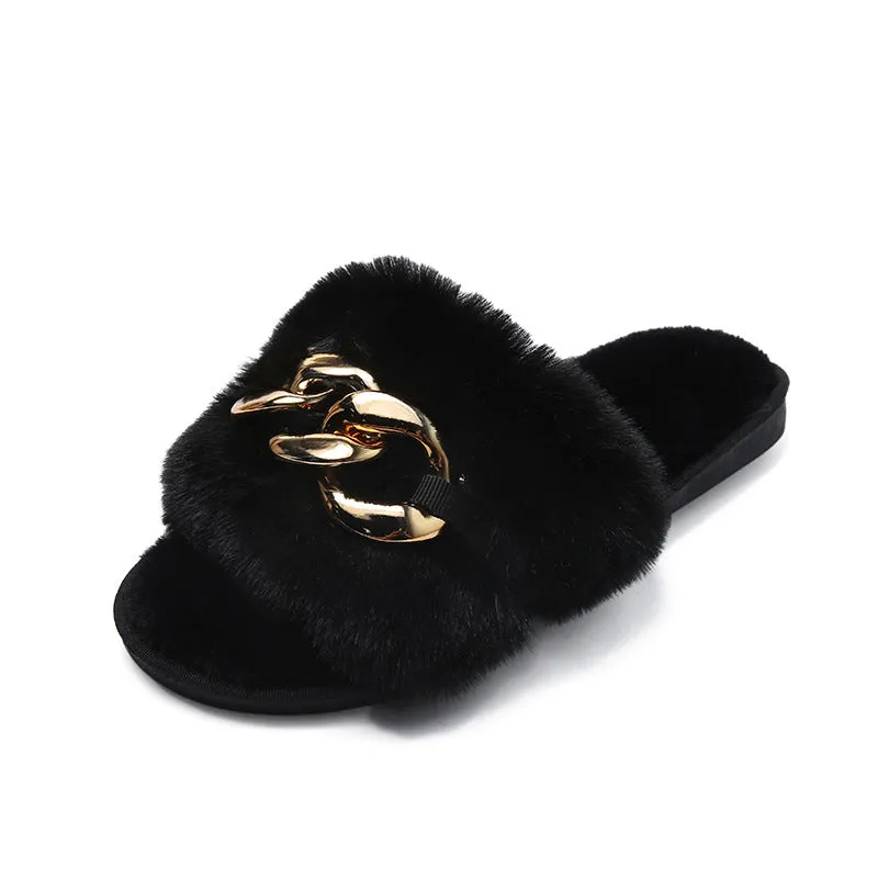 Women's Open Toe Plush Slippers with Gold Links