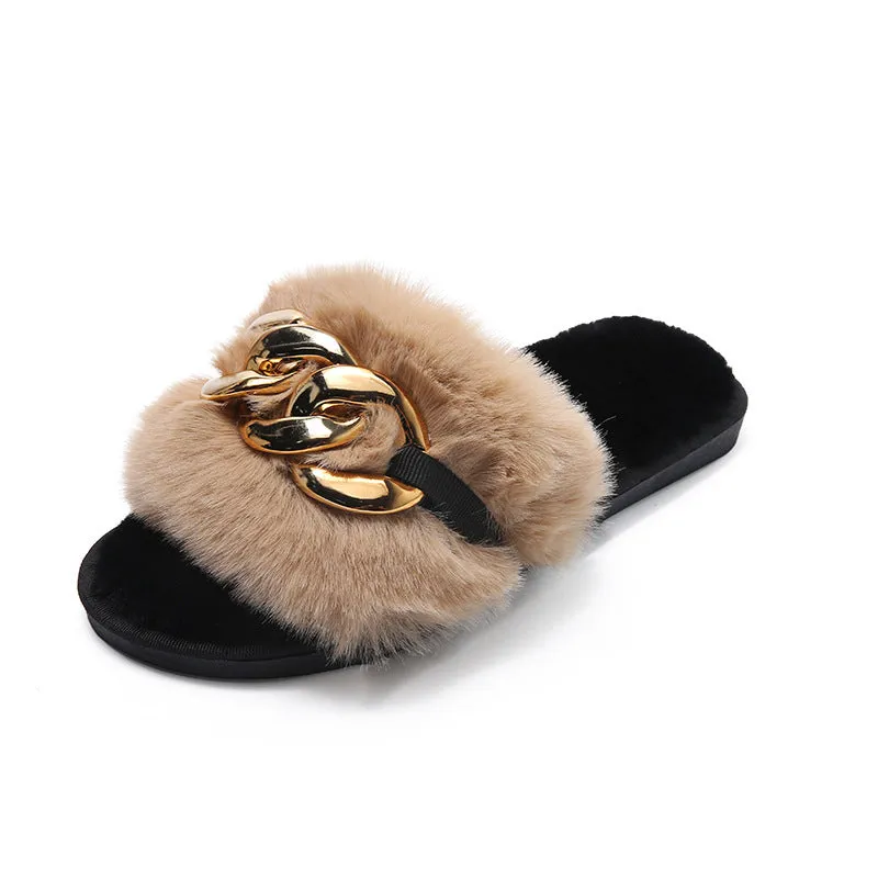 Women's Open Toe Plush Slippers with Gold Links