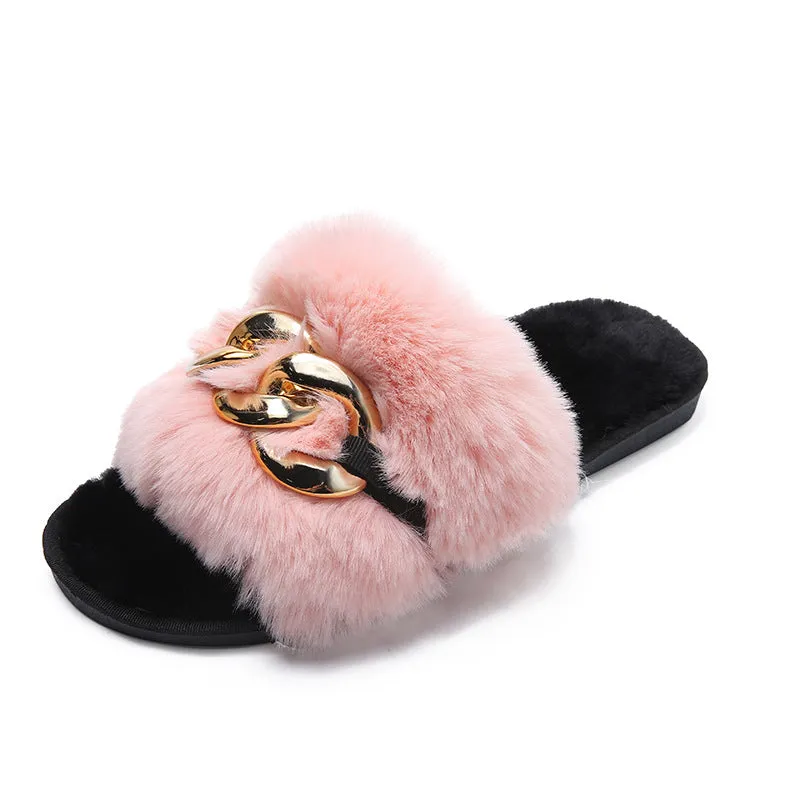 Women's Open Toe Plush Slippers with Gold Links