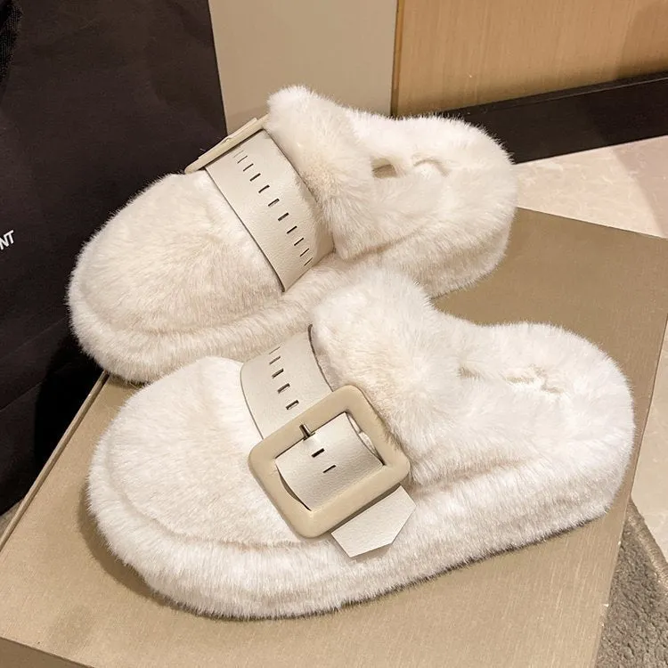 Women's Plush Faux-Fur Slippers with a Side Buckle