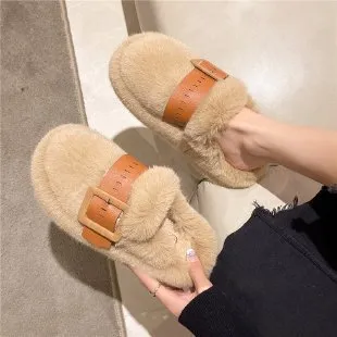 Women's Plush Faux-Fur Slippers with a Side Buckle