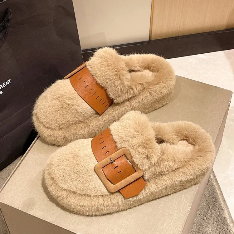 Women's Plush Faux-Fur Slippers with a Side Buckle