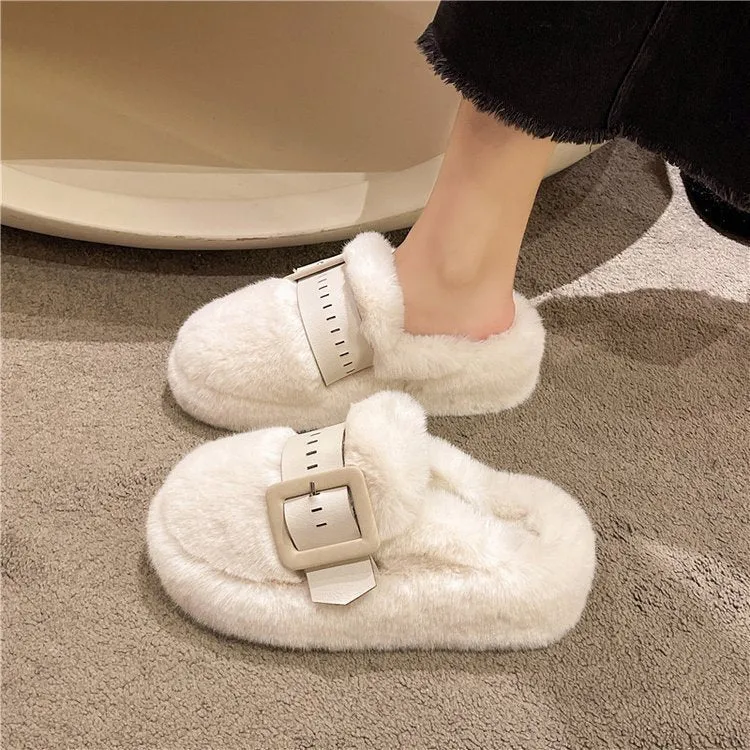 Women's Plush Faux-Fur Slippers with a Side Buckle