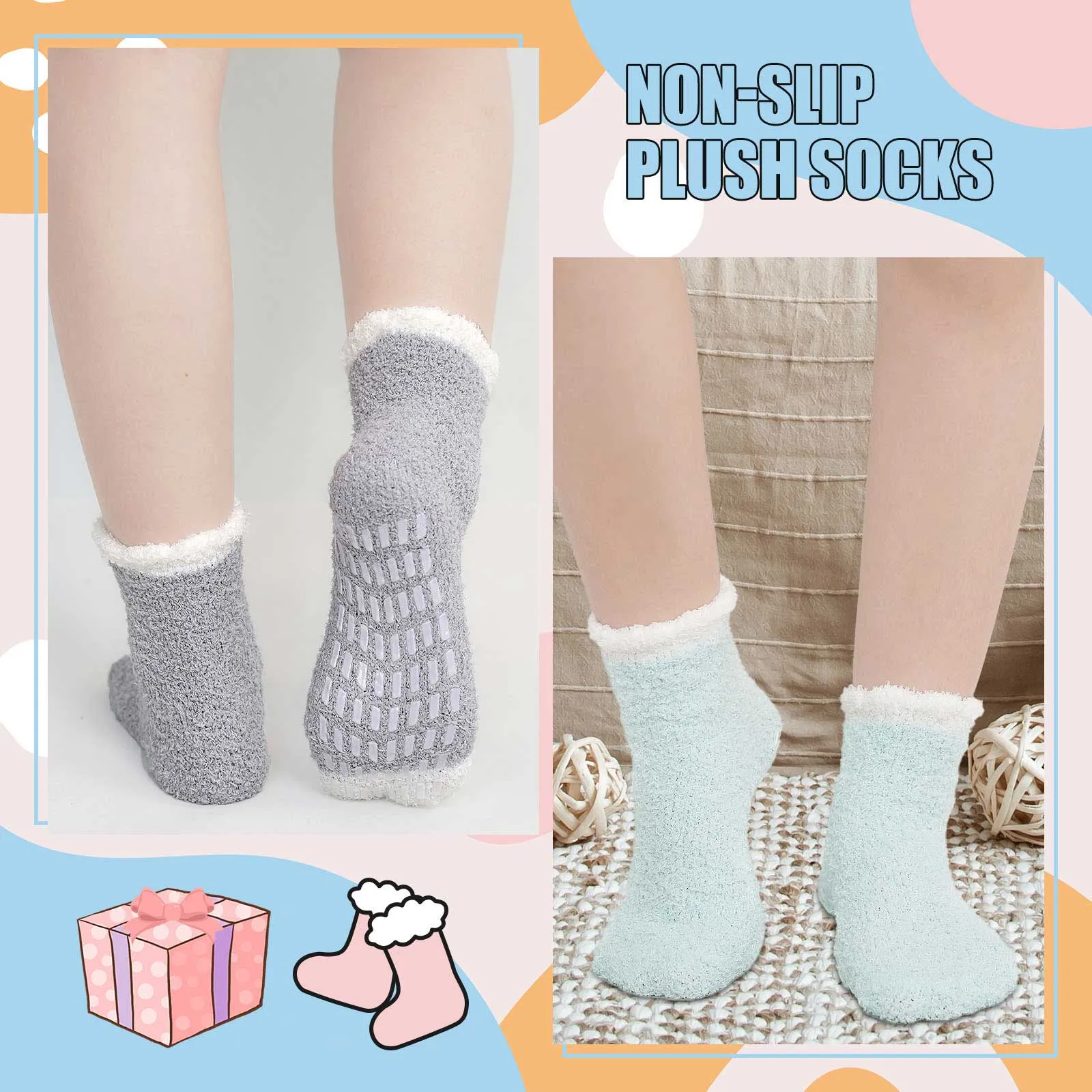 ZFSOCK Fuzzy Socks 5 Pairs Slipper Socks for Women Soft Cozy Plush Fluffy Socks with Grips Non Slip Winter Warm Sock , Size 6-10