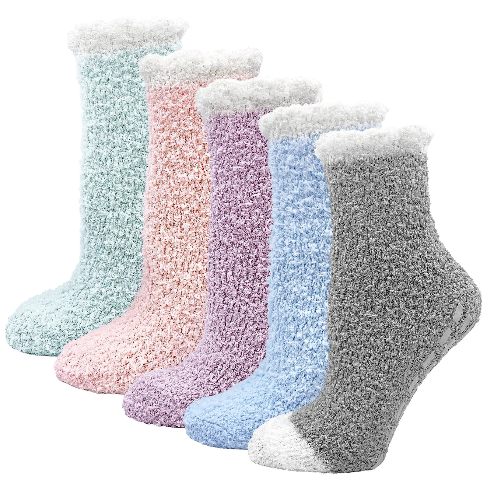 ZFSOCK Fuzzy Socks 5 Pairs Slipper Socks for Women Soft Cozy Plush Fluffy Socks with Grips Non Slip Winter Warm Sock , Size 6-10